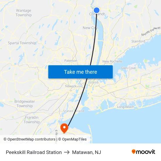 Peekskill Railroad Station to Matawan, NJ map