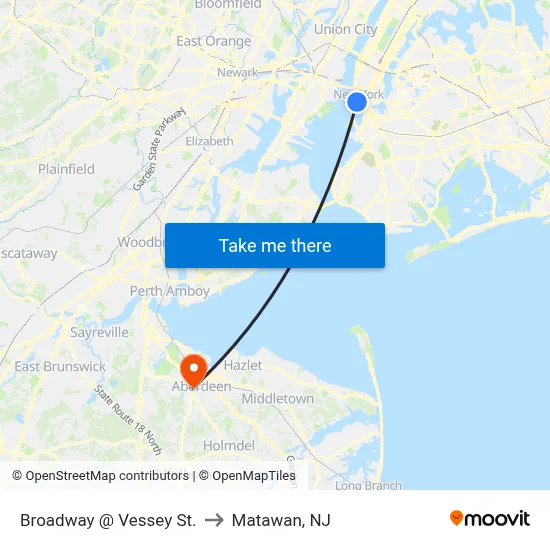 Broadway @ Vessey St. to Matawan, NJ map