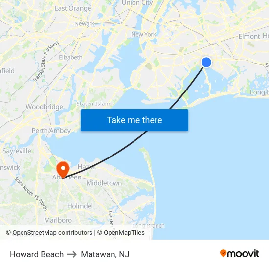 Howard Beach to Matawan, NJ map