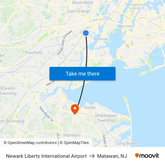 Newark Liberty International Airport to Matawan, NJ map