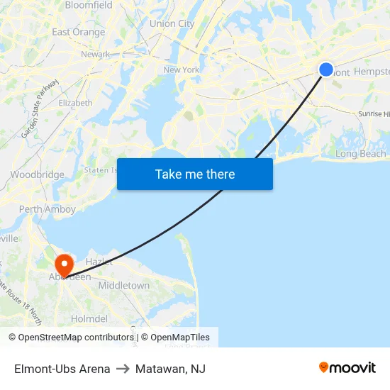Elmont-Ubs Arena to Matawan, NJ map