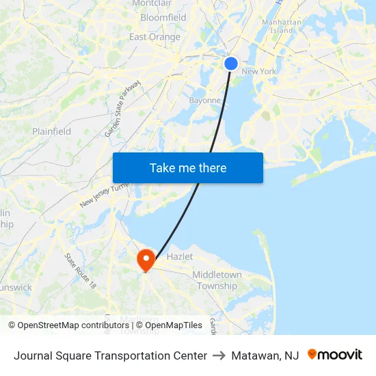 Journal Square Transportation Center to Matawan, NJ map