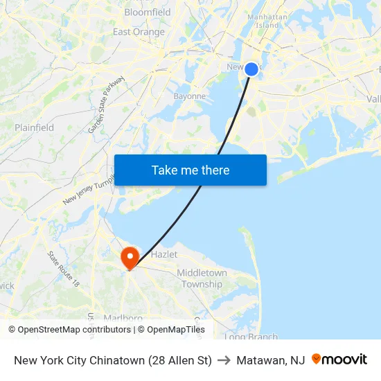 New York City Chinatown (28 Allen St) to Matawan, NJ map