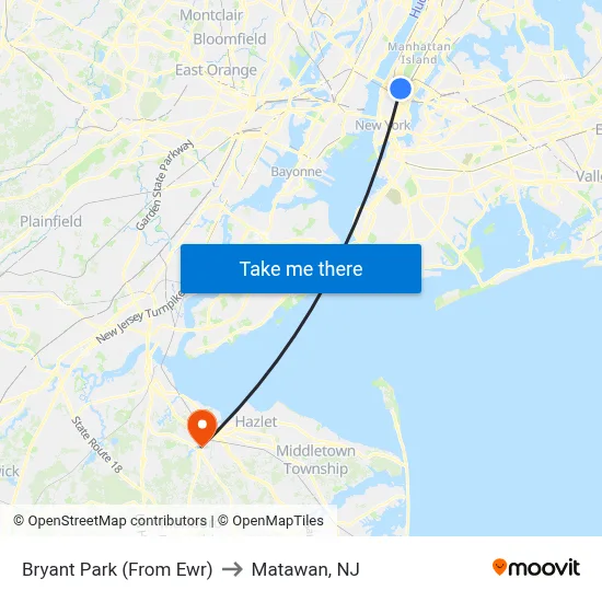 Bryant Park (From Ewr) to Matawan, NJ map