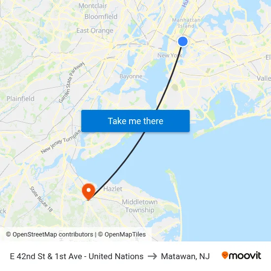 E 42nd St & 1st Ave - United Nations to Matawan, NJ map
