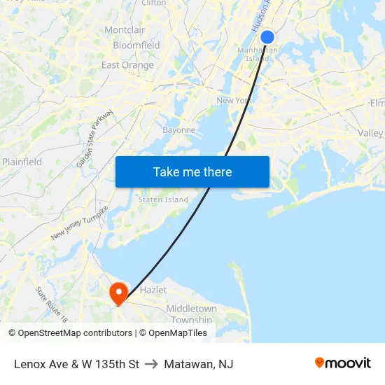 Lenox Ave & W 135th St to Matawan, NJ map