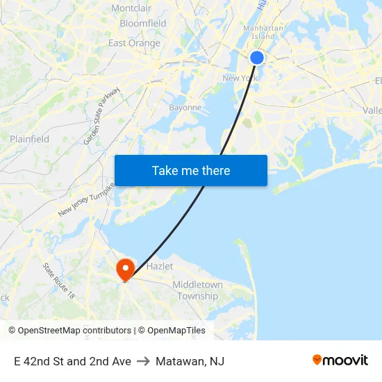 E 42nd St and 2nd Ave to Matawan, NJ map