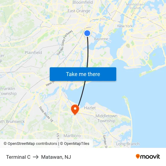 Terminal C to Matawan, NJ map