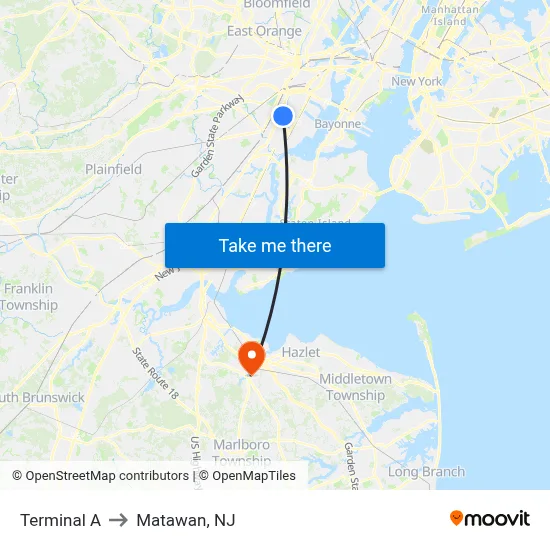 Terminal A to Matawan, NJ map