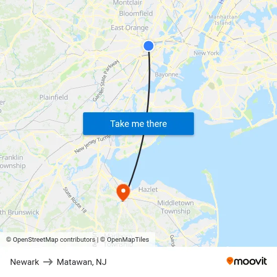Newark to Matawan, NJ map