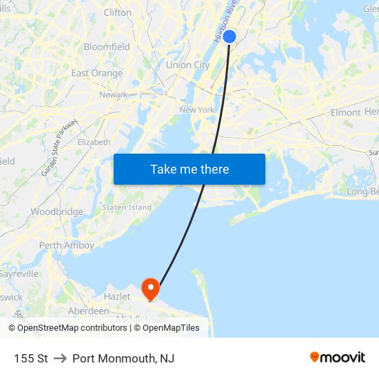 155 St to Port Monmouth, NJ map