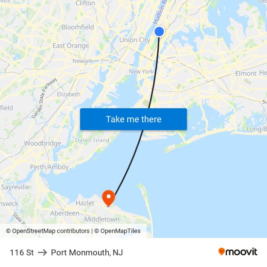 116 St to Port Monmouth, NJ map