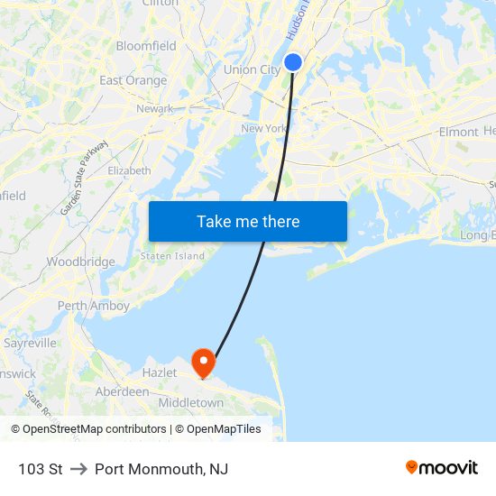 103 St to Port Monmouth, NJ map