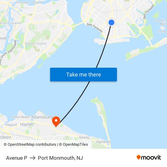 Avenue P to Port Monmouth, NJ map