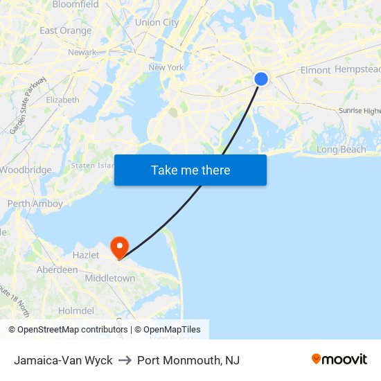 Jamaica-Van Wyck to Port Monmouth, NJ map