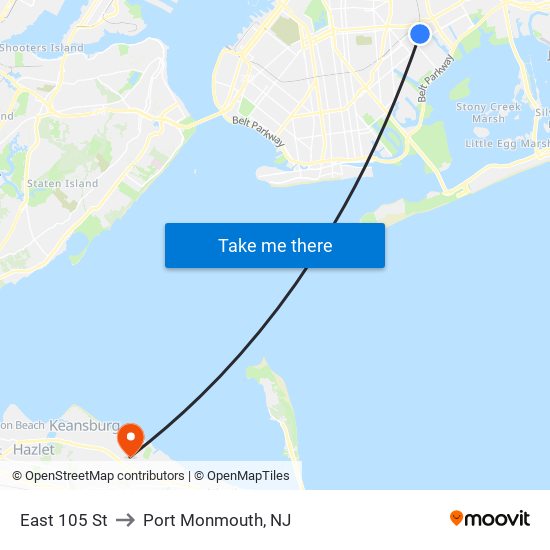 East 105 St to Port Monmouth, NJ map