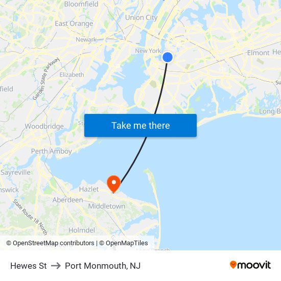 Hewes St to Port Monmouth, NJ map
