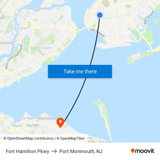 Fort Hamilton Pkwy to Port Monmouth, NJ map