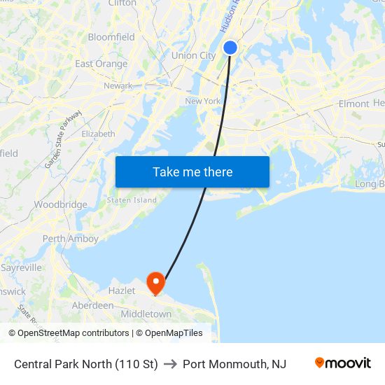 Central Park North (110 St) to Port Monmouth, NJ map