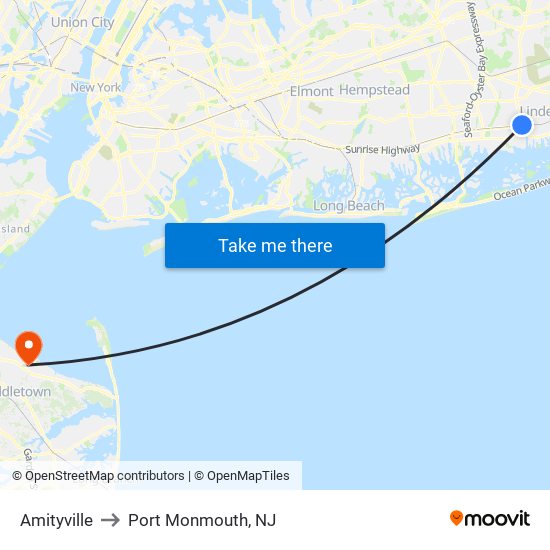 Amityville to Port Monmouth, NJ map