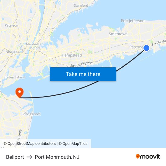 Bellport to Port Monmouth, NJ map