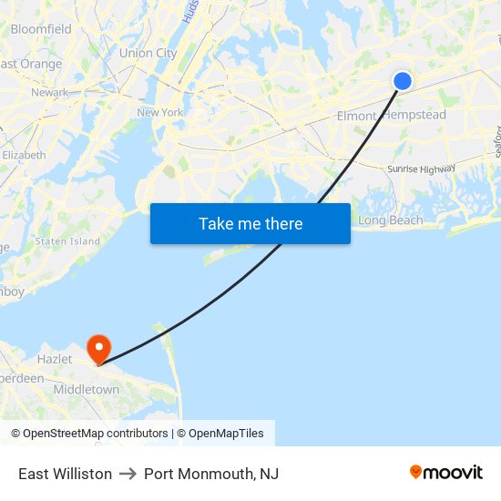 East Williston to Port Monmouth, NJ map