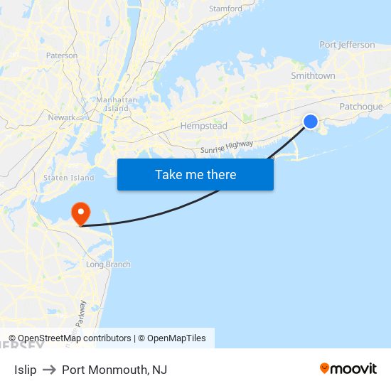 Islip to Port Monmouth, NJ map