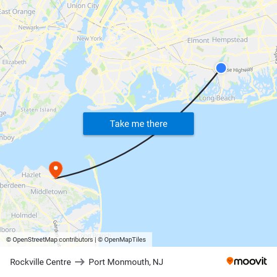 Rockville Centre to Port Monmouth, NJ map