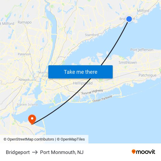 Bridgeport to Port Monmouth, NJ map