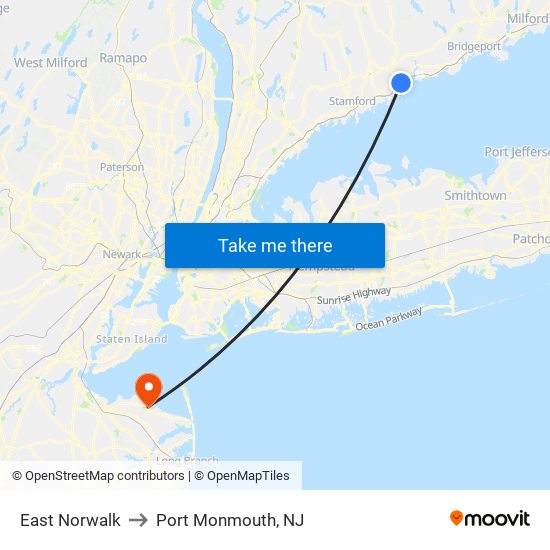 East Norwalk to Port Monmouth, NJ map