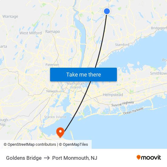 Goldens Bridge to Port Monmouth, NJ map