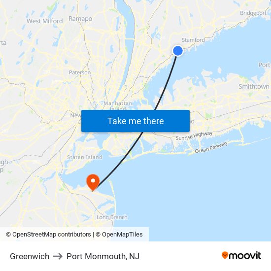 Greenwich to Port Monmouth, NJ map