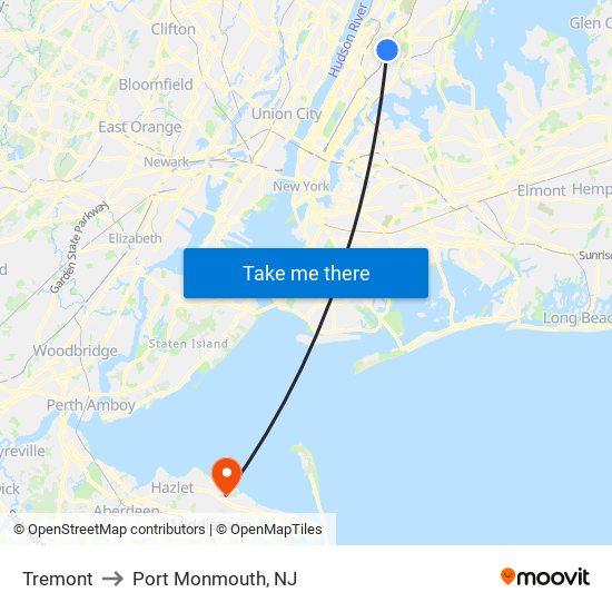 Tremont to Port Monmouth, NJ map