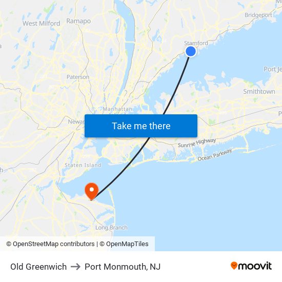 Old Greenwich to Port Monmouth, NJ map