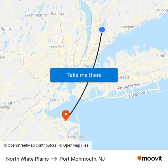 North White Plains to Port Monmouth, NJ map