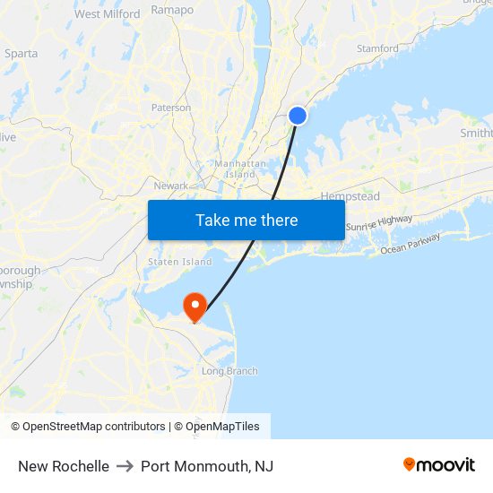 New Rochelle to Port Monmouth, NJ map