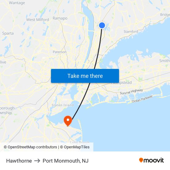 Hawthorne to Port Monmouth, NJ map