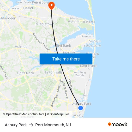 Asbury Park to Port Monmouth, NJ map