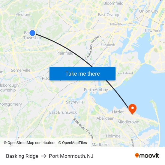 Basking Ridge to Port Monmouth, NJ map