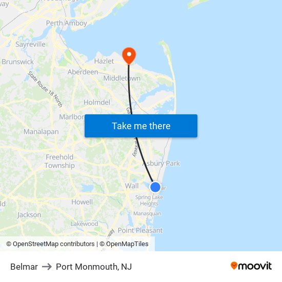 Belmar to Port Monmouth, NJ map