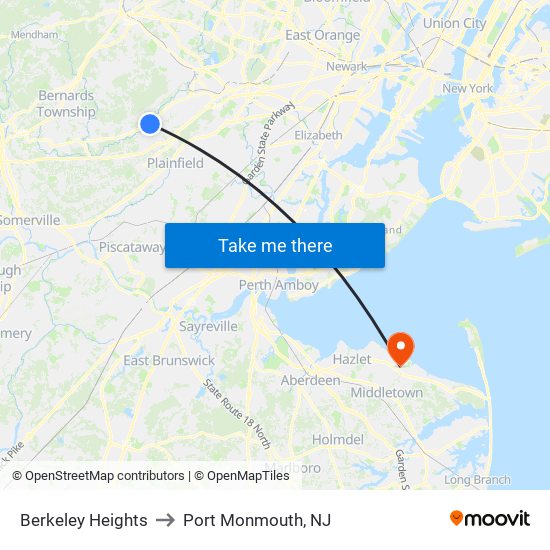 Berkeley Heights to Port Monmouth, NJ map