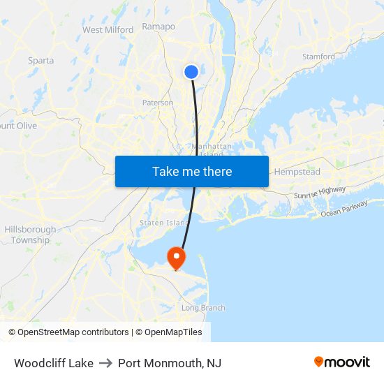 Woodcliff Lake to Port Monmouth, NJ map