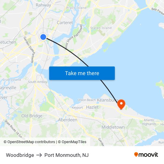 Woodbridge to Port Monmouth, NJ map