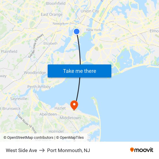 West Side Ave to Port Monmouth, NJ map