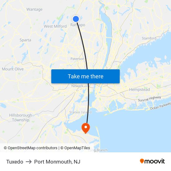 Tuxedo to Port Monmouth, NJ map