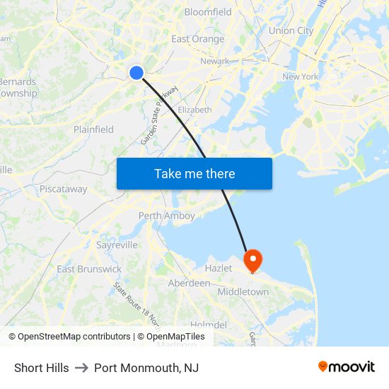 Short Hills to Port Monmouth, NJ map