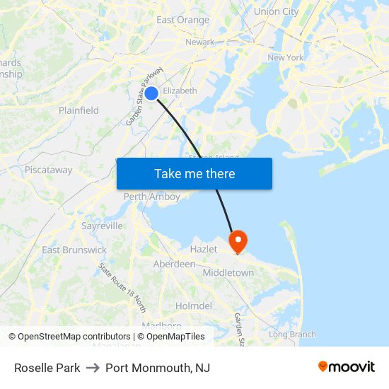 Roselle Park to Port Monmouth, NJ map