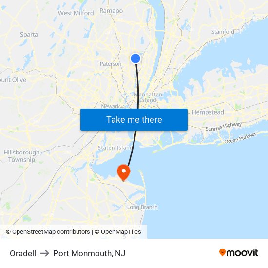 Oradell to Port Monmouth, NJ map