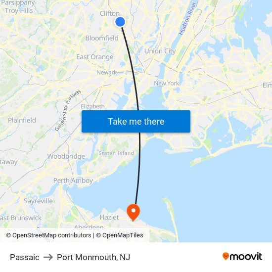 Passaic to Port Monmouth, NJ map