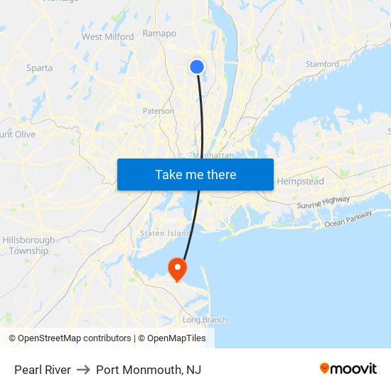 Pearl River to Port Monmouth, NJ map